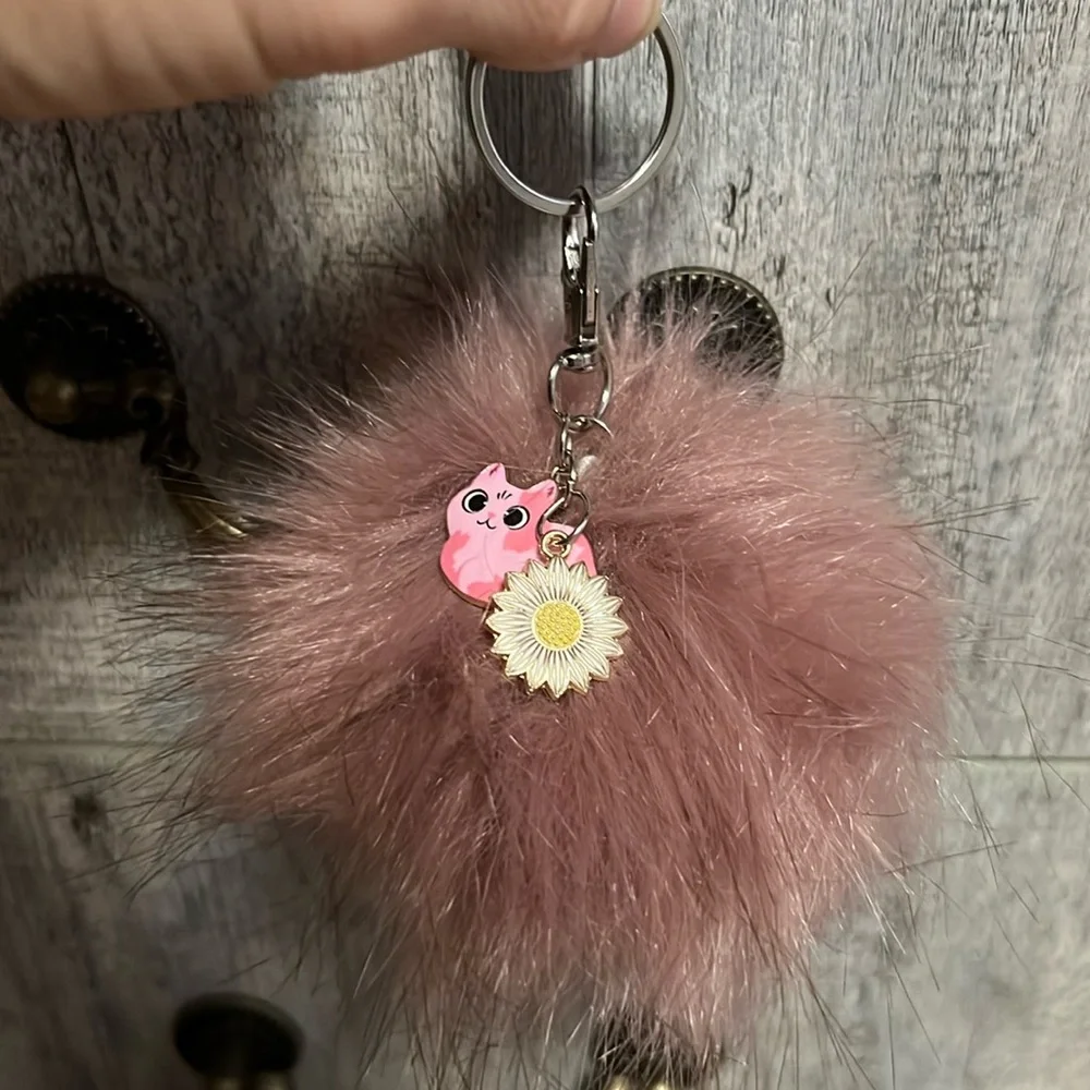 New Pom Pom puff key chain / purse charm. Pink kitty cat,  sunflower & butterfly